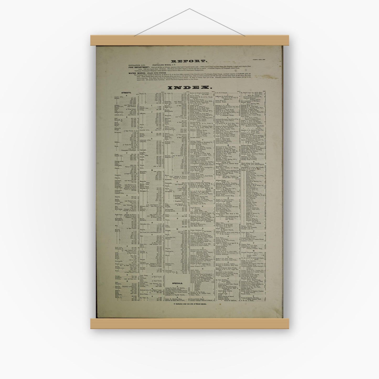 Old map wall art mockup — magnetic wood frame on white wall — Sanborn Fire Insurance Map from Toledo, Lucas County, Ohio (1888), Sheet #0001