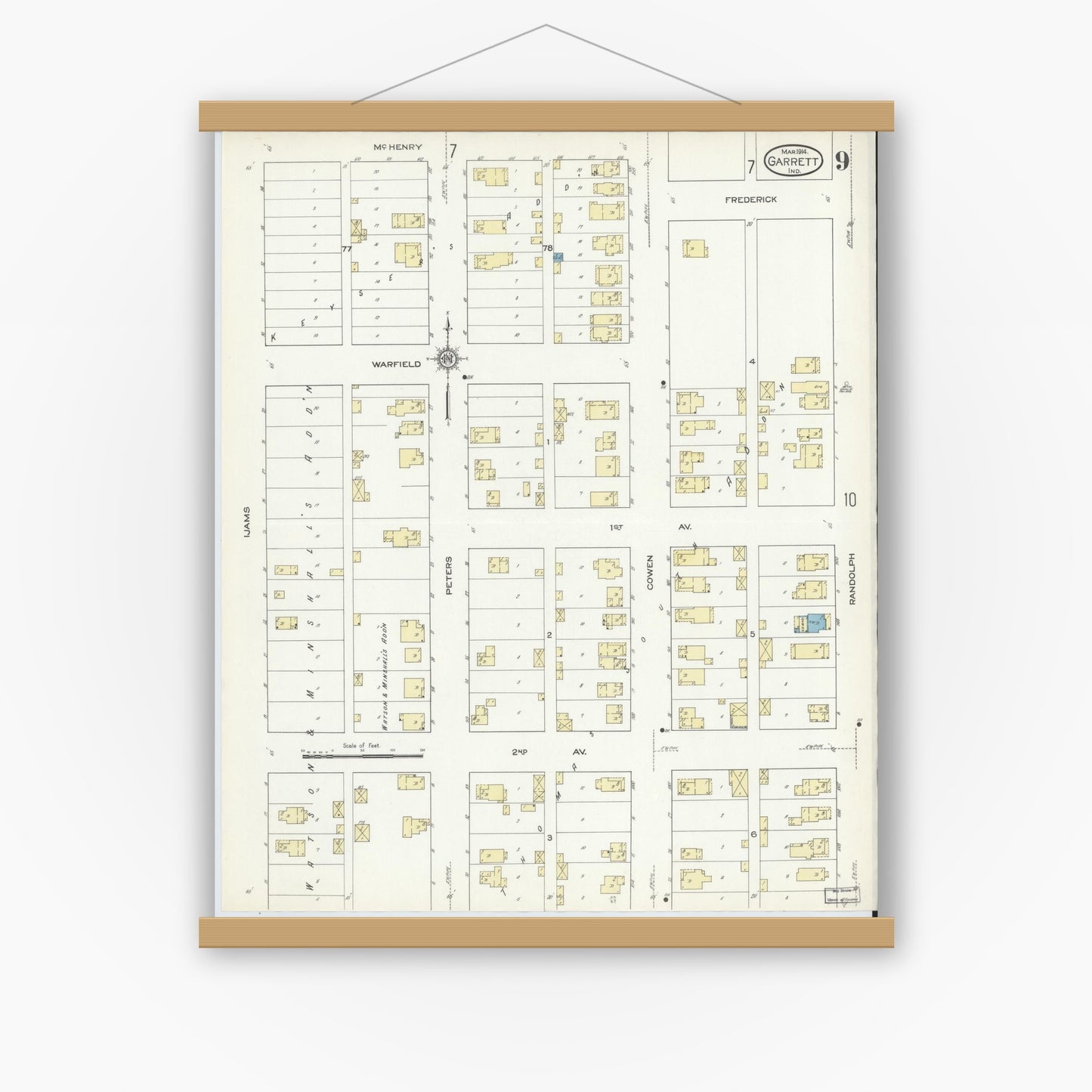 Old map wall art mockup — magnetic wood frame on white wall — Sanborn Fire Insurance Map from Garrett, De Kalb County, Indiana (1914), Sheet #0009