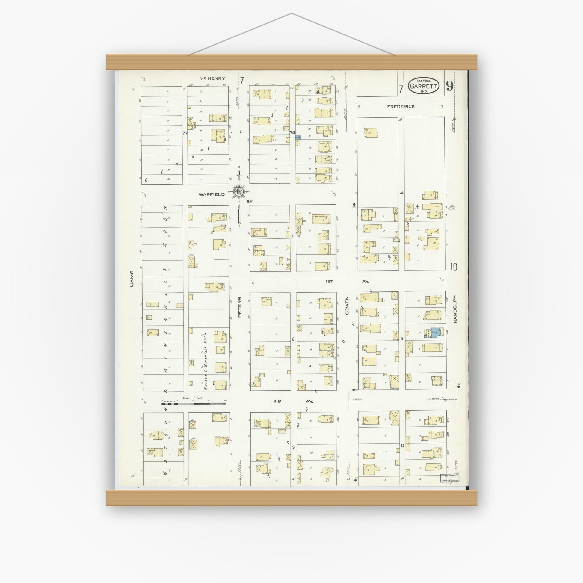Old map wall art mockup — magnetic wood frame on white wall — Sanborn Fire Insurance Map from Garrett, De Kalb County, Indiana (1914), Sheet #0009