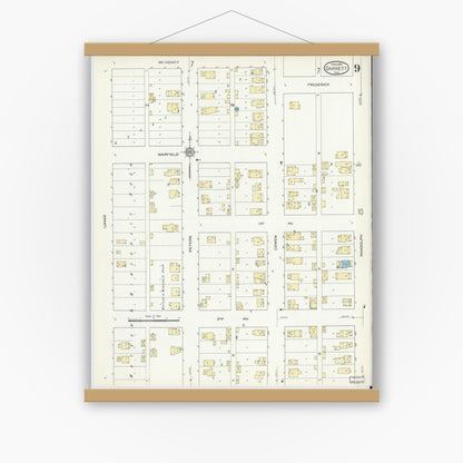 Old map wall art mockup — magnetic wood frame on white wall — Sanborn Fire Insurance Map from Garrett, De Kalb County, Indiana (1914), Sheet #0009
