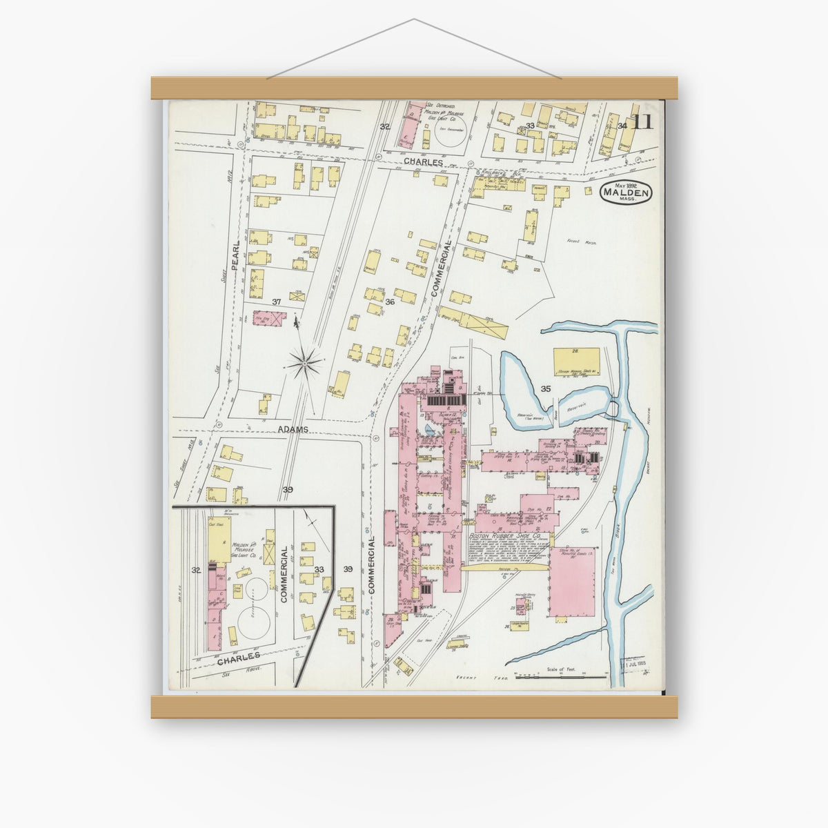 Old map wall art mockup — magnetic wood frame on white wall — Sanborn Fire Insurance Map from Malden, Middlesex County, Massachusetts (1892), Sheet #0011