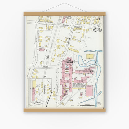 Old map wall art mockup — magnetic wood frame on white wall — Sanborn Fire Insurance Map from Malden, Middlesex County, Massachusetts (1892), Sheet #0011
