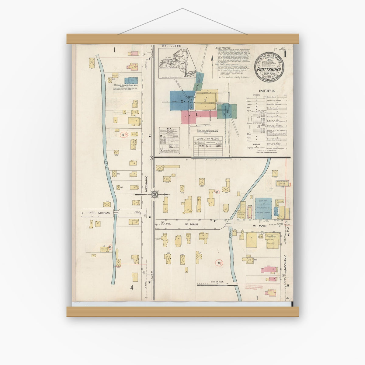 Old map wall art mockup — magnetic wood frame on white wall — Sanborn Fire Insurance Map from Prattsburgh, Steuben County, New York (1934) - Complete Map Set