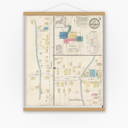 Old map wall art mockup — magnetic wood frame on white wall — Sanborn Fire Insurance Map from Prattsburgh, Steuben County, New York (1934) - Complete Map Set