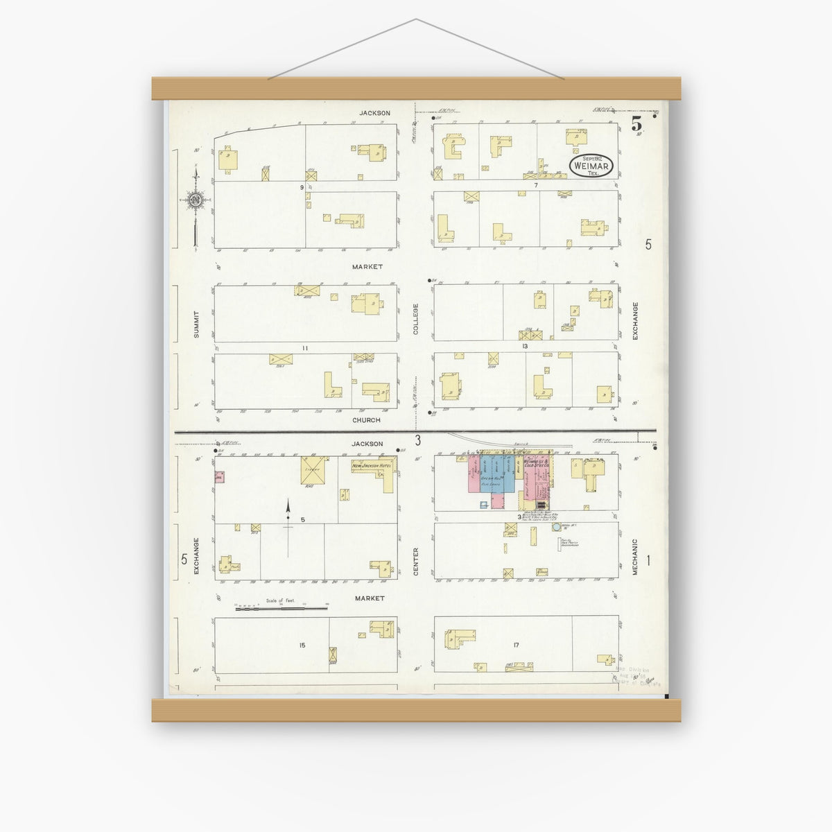 Old map wall art mockup — magnetic wood frame on white wall — Sanborn Fire Insurance Map from Weimar, Colorado County, Texas (1912), Sheet #0005
