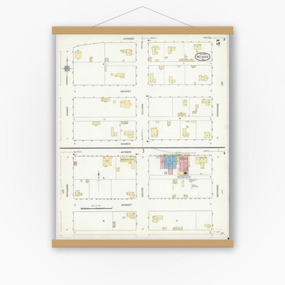 Old map wall art mockup — magnetic wood frame on white wall — Sanborn Fire Insurance Map from Weimar, Colorado County, Texas (1912), Sheet #0005