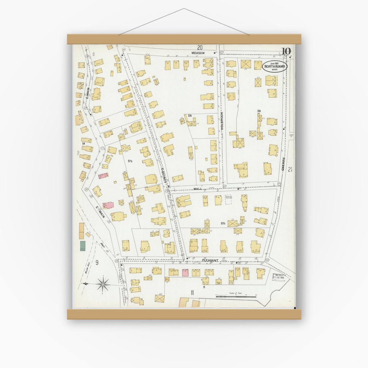 Old map wall art mockup — magnetic wood frame on white wall — Sanborn Fire Insurance Map from North Adams, Berkshire County, Massachusetts (1901), Sheet #0010