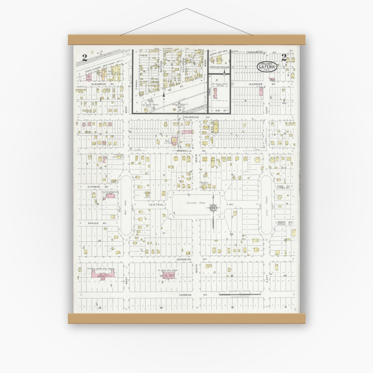 Old map wall art mockup — magnetic wood frame on white wall — Sanborn Fire Insurance Map from La Feria, Cameron County, Texas (1929), Sheet #0002