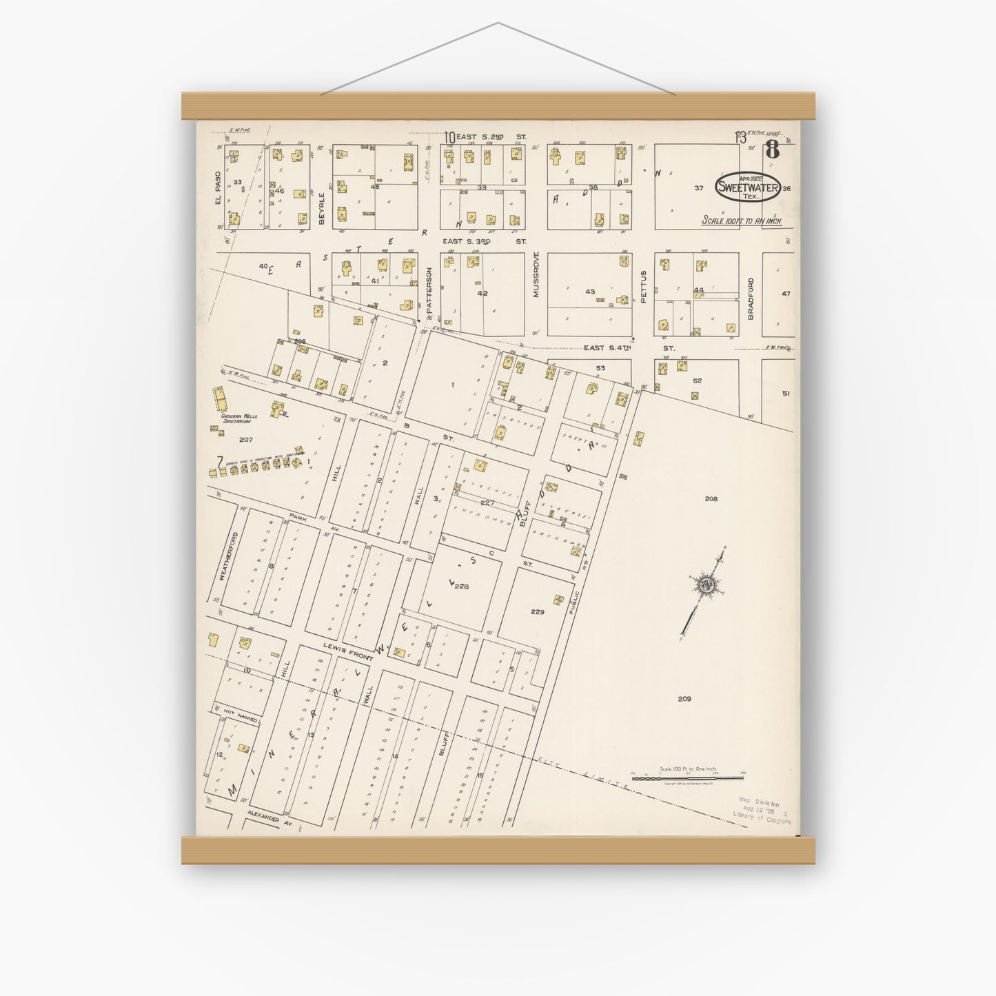 Old map wall art mockup — magnetic wood frame on white wall — Sanborn Fire Insurance Map from Sweetwater, Nolan County, Texas (1922), Sheet #0008