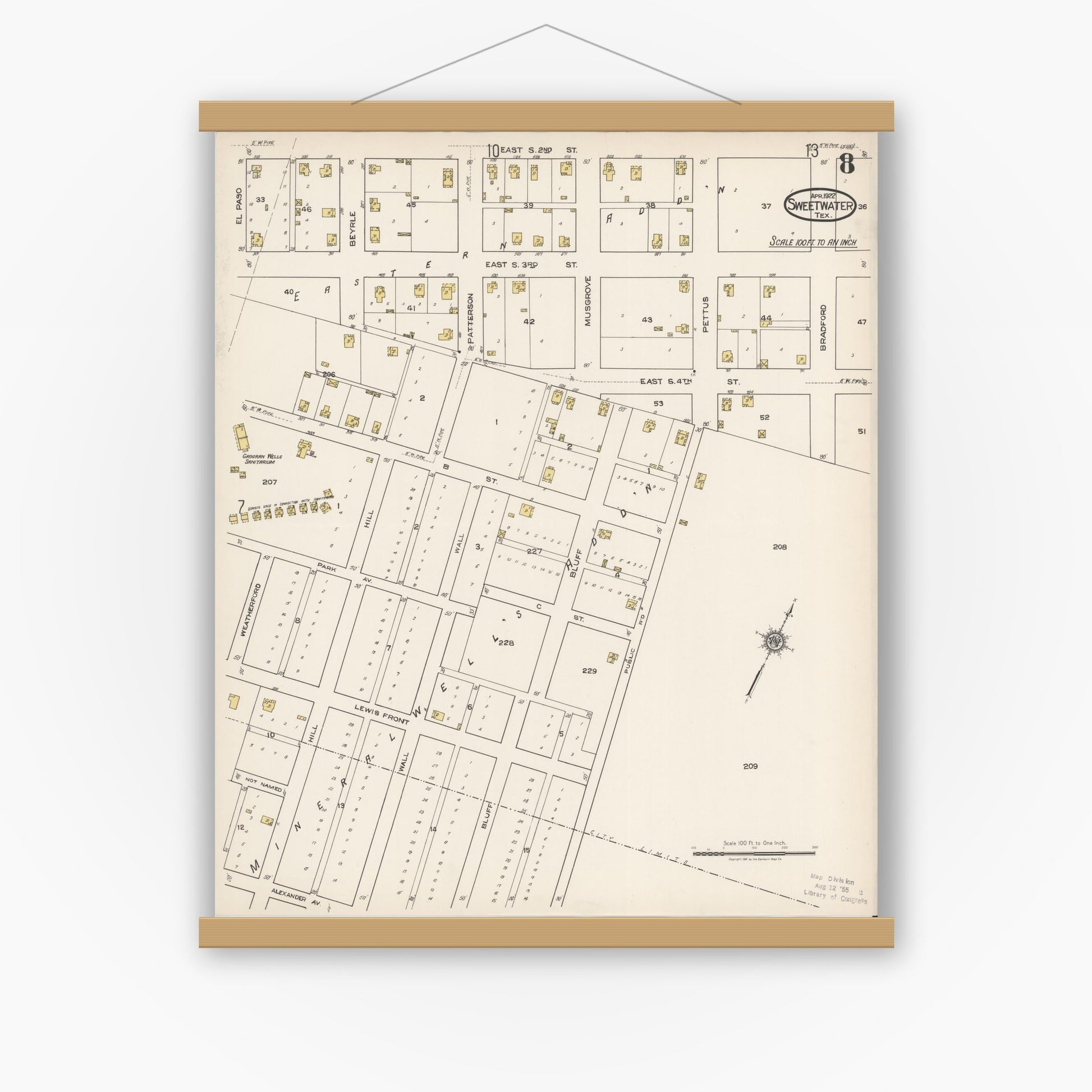 Old map wall art mockup — magnetic wood frame on white wall — Sanborn Fire Insurance Map from Sweetwater, Nolan County, Texas (1922), Sheet #0008