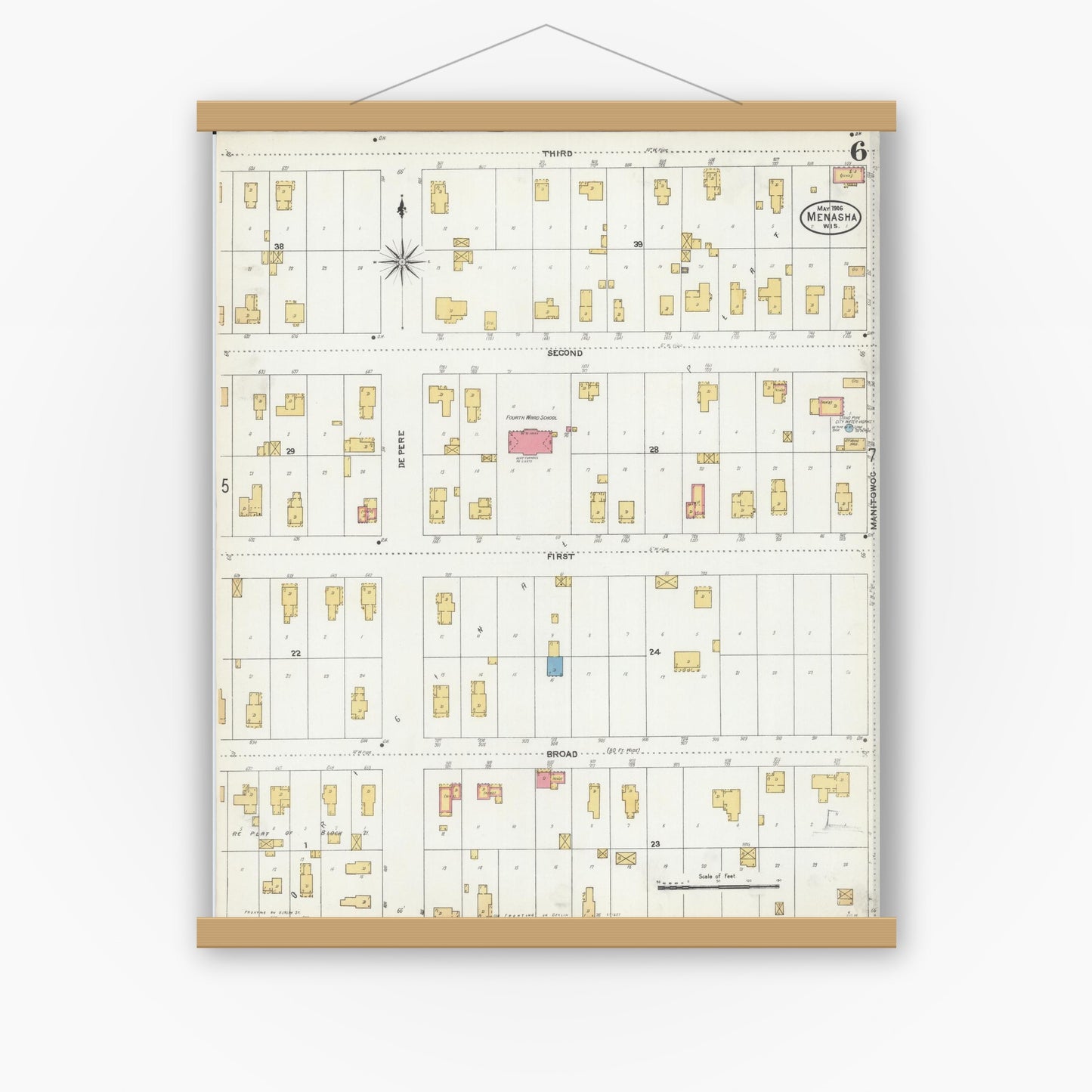 Old map wall art mockup — magnetic wood frame on white wall — Sanborn Fire Insurance Map from Menasha, Winnebago County, Wisconsin (1906), Sheet #0006