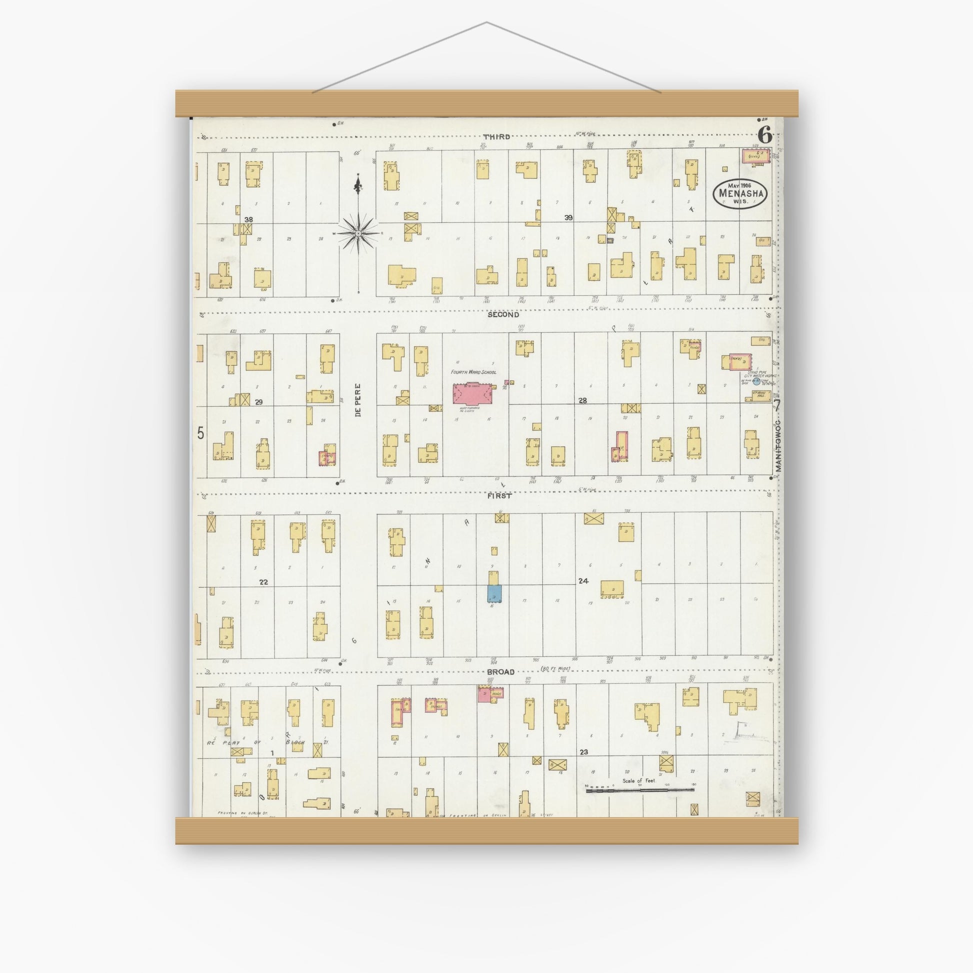 Old map wall art mockup — magnetic wood frame on white wall — Sanborn Fire Insurance Map from Menasha, Winnebago County, Wisconsin (1906), Sheet #0006