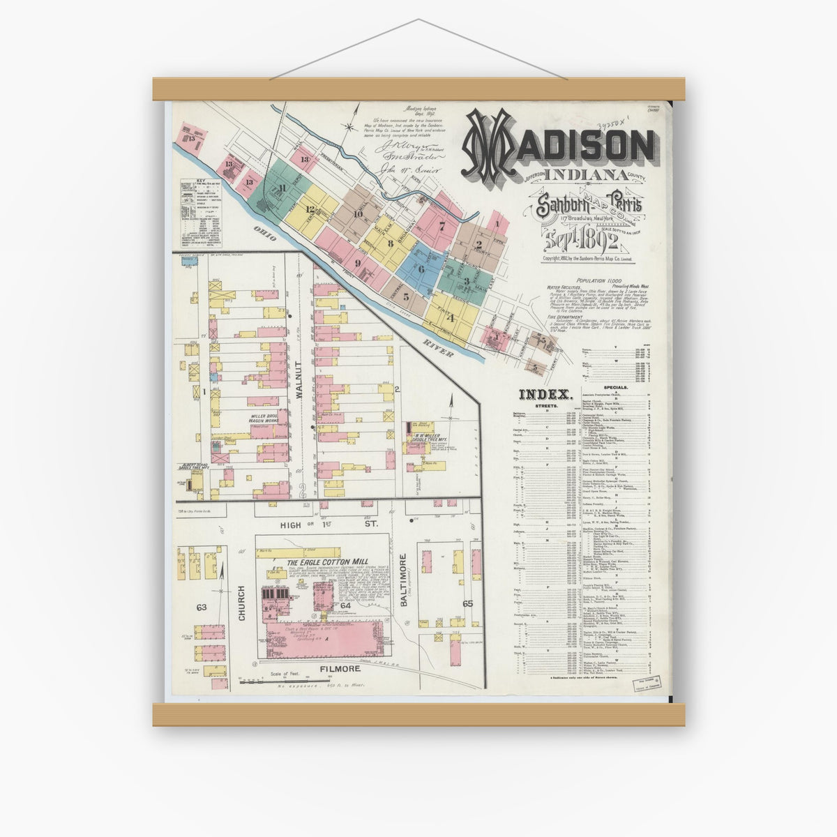 Old map wall art mockup — magnetic wood frame on white wall — Sanborn Fire Insurance Map from Madison, Jefferson County, Indiana (1892) - Complete Map Set