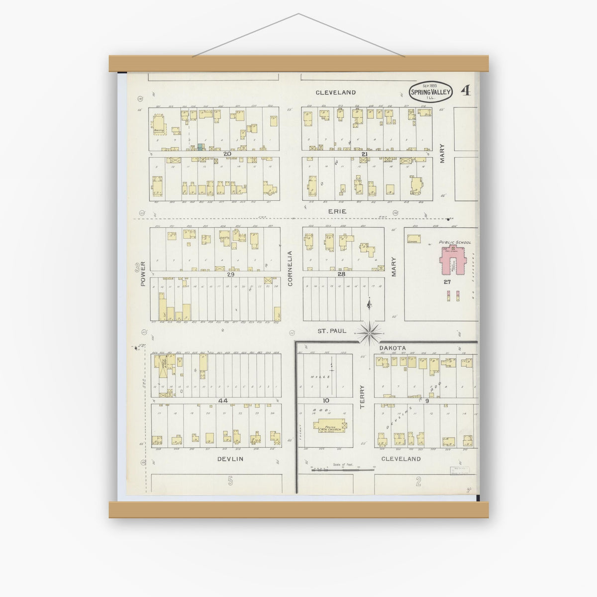 Old map wall art mockup — magnetic wood frame on white wall — Sanborn Fire Insurance Map from Spring Valley, Bureau County, Illinois (1893), Sheet #0004