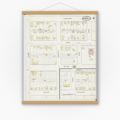 Old map wall art mockup — magnetic wood frame on white wall — Sanborn Fire Insurance Map from Spring Valley, Bureau County, Illinois (1893), Sheet #0004