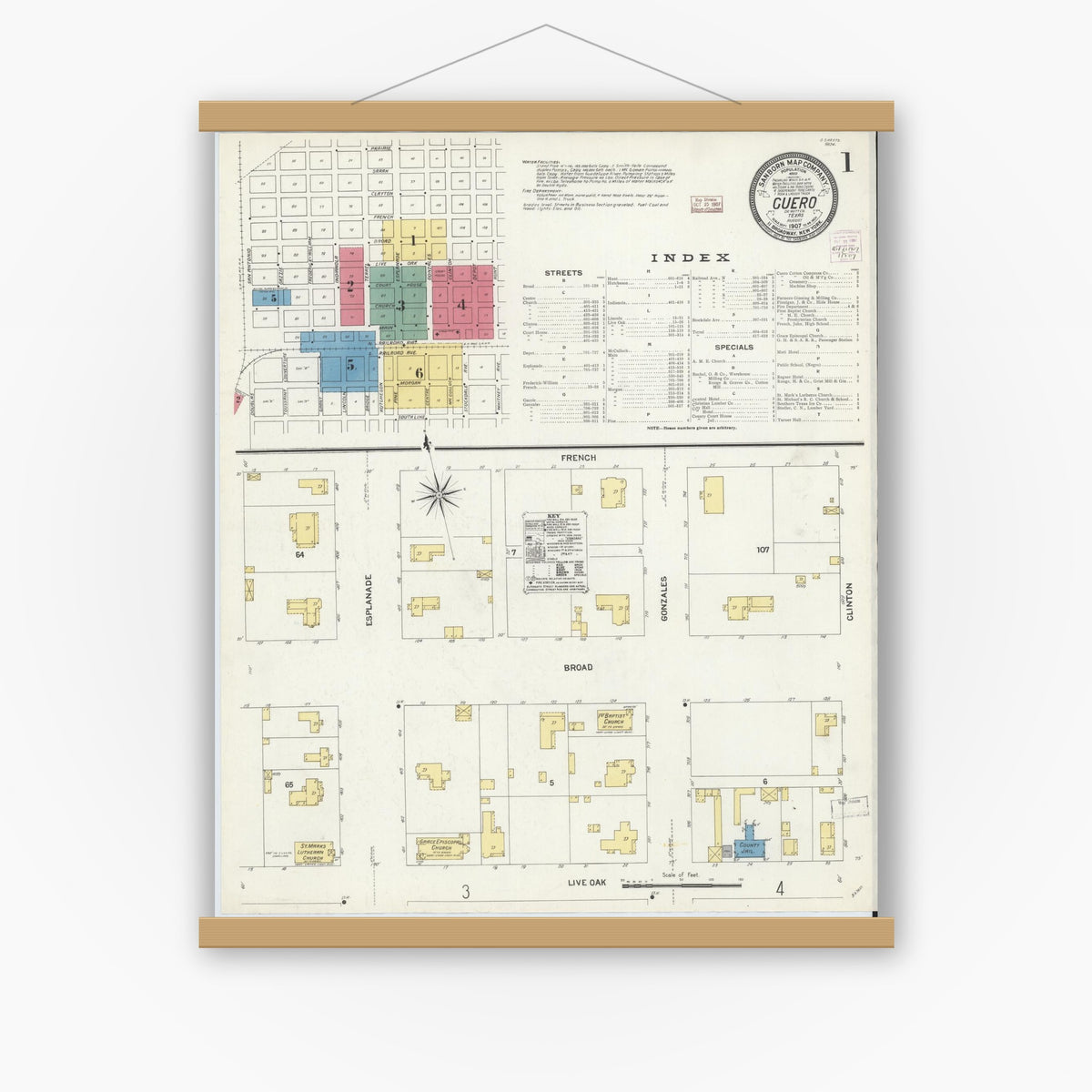 Old map wall art mockup — magnetic wood frame on white wall — Sanborn Fire Insurance Map from Cuero, De Witt County, Texas (1907) - Complete Map Set