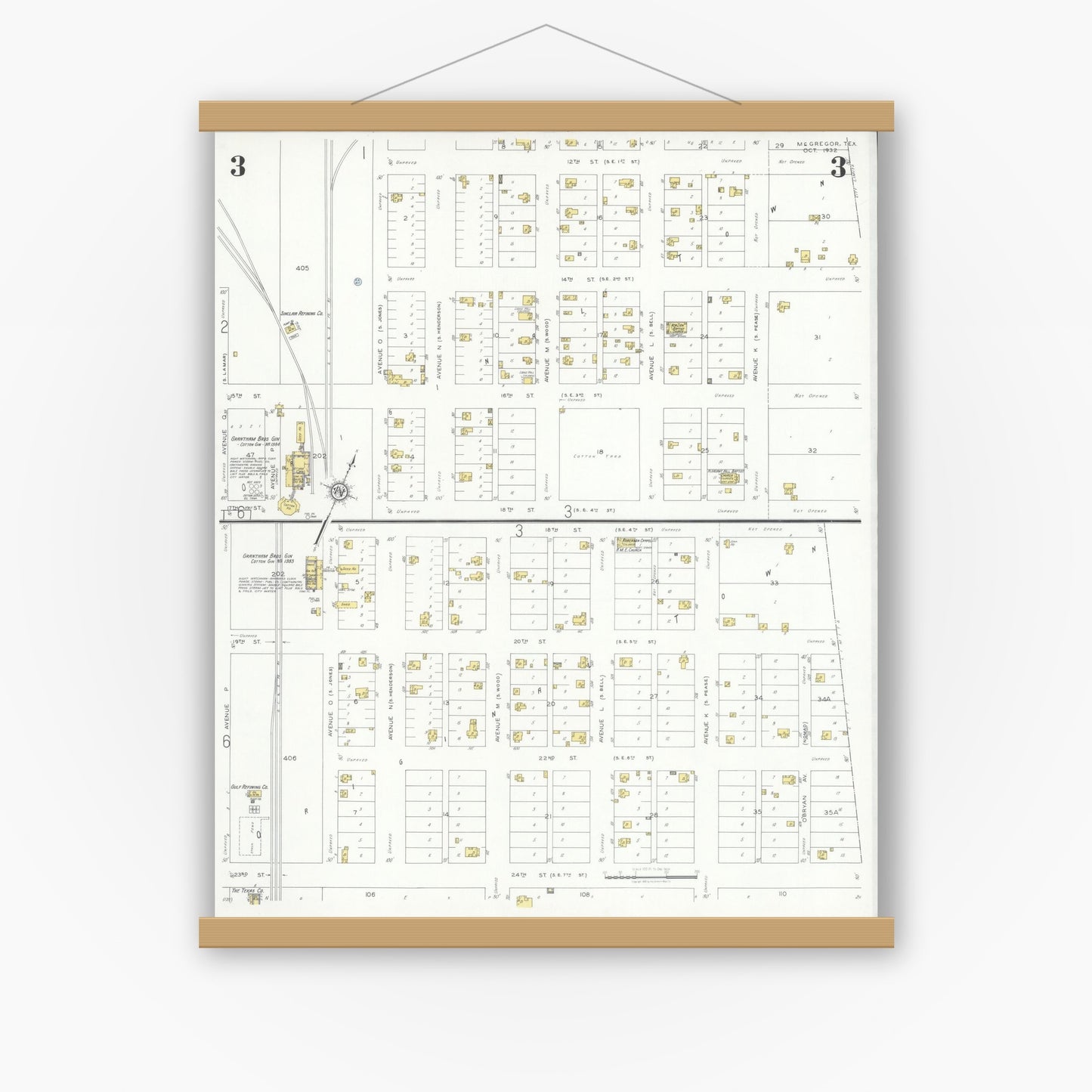 Old map wall art mockup — magnetic wood frame on white wall — Sanborn Fire Insurance Map from McGregor, McLennan County, Texas (1932), Sheet #0003