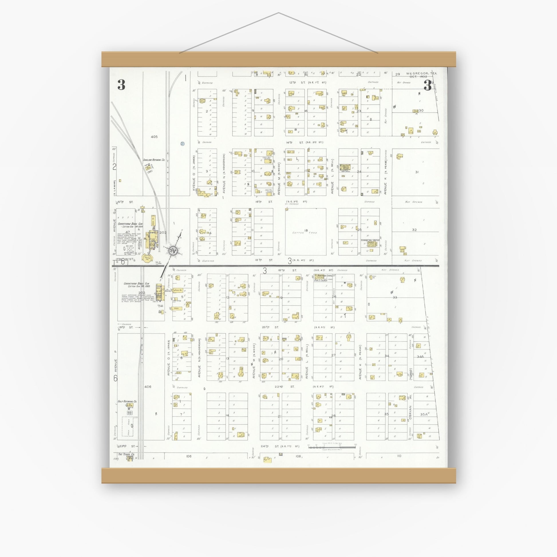 Old map wall art mockup — magnetic wood frame on white wall — Sanborn Fire Insurance Map from McGregor, McLennan County, Texas (1932), Sheet #0003