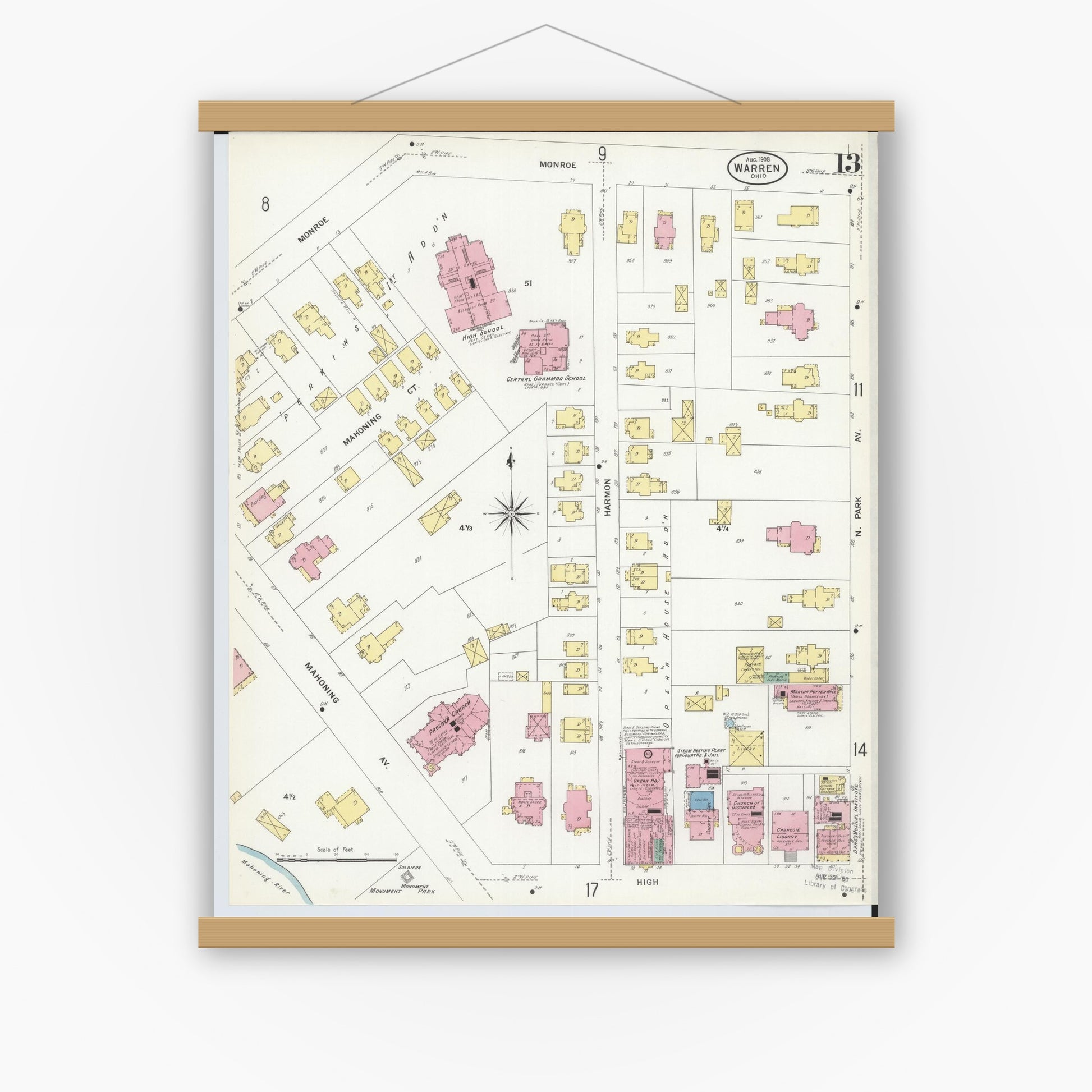 Old map wall art mockup — magnetic wood frame on white wall — Sanborn Fire Insurance Map from Warren, Trumbull County, Ohio (1908), Sheet #0013