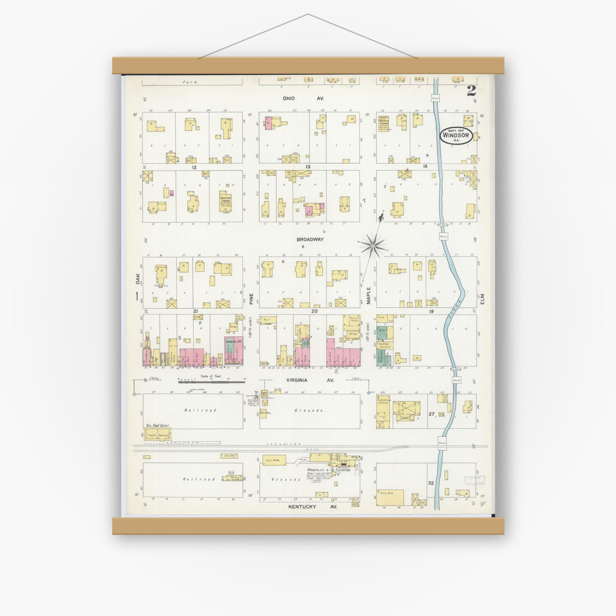Old map wall art mockup — magnetic wood frame on white wall — Sanborn Fire Insurance Map from Windsor, Shelby County, Illinois (1907), Sheet #0002
