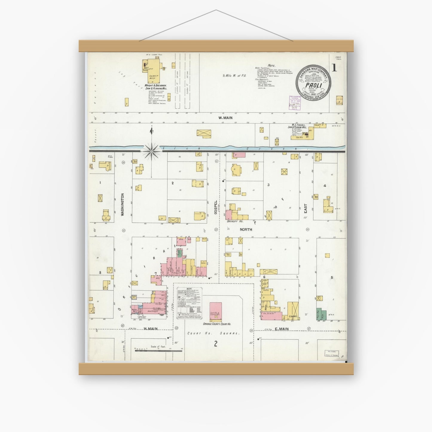 Old map wall art mockup — magnetic wood frame on white wall — Sanborn Fire Insurance Map from Paoli, Orange County, Indiana (1902) - Complete Map Set
