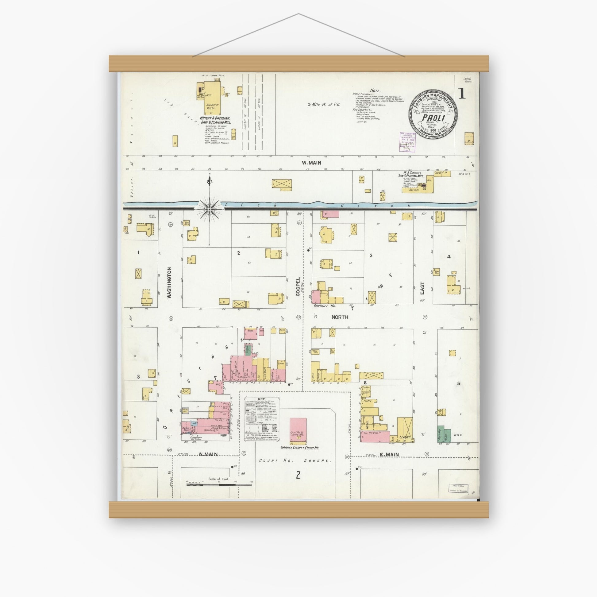 Old map wall art mockup — magnetic wood frame on white wall — Sanborn Fire Insurance Map from Paoli, Orange County, Indiana (1902) - Complete Map Set