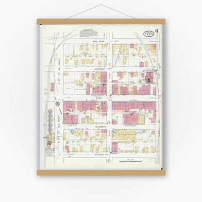 Old map wall art mockup — magnetic wood frame on white wall — Sanborn Fire Insurance Map from Pekin, Tazewell County, Illinois (1916), Sheet #0006
