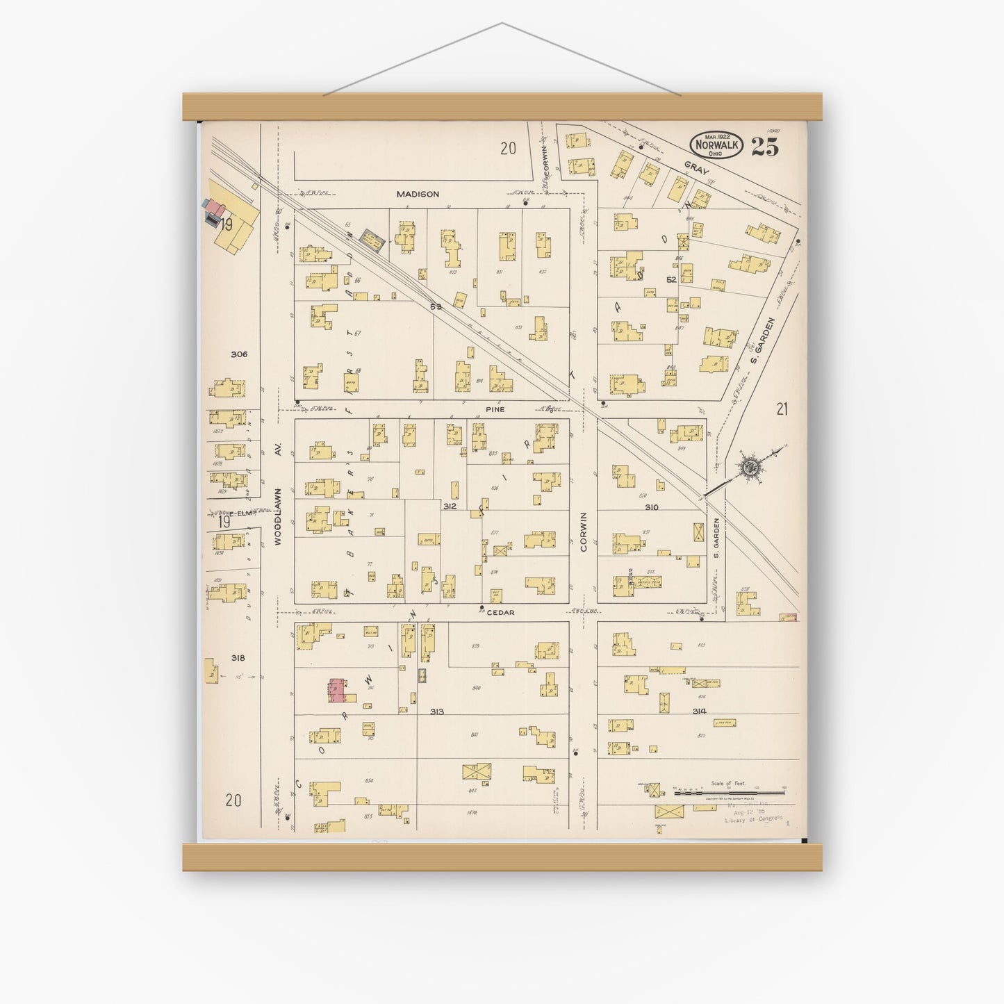 Old map wall art mockup — magnetic wood frame on white wall — Sanborn Fire Insurance Map from Norwalk, Huron County, Ohio (1922), Sheet #0025