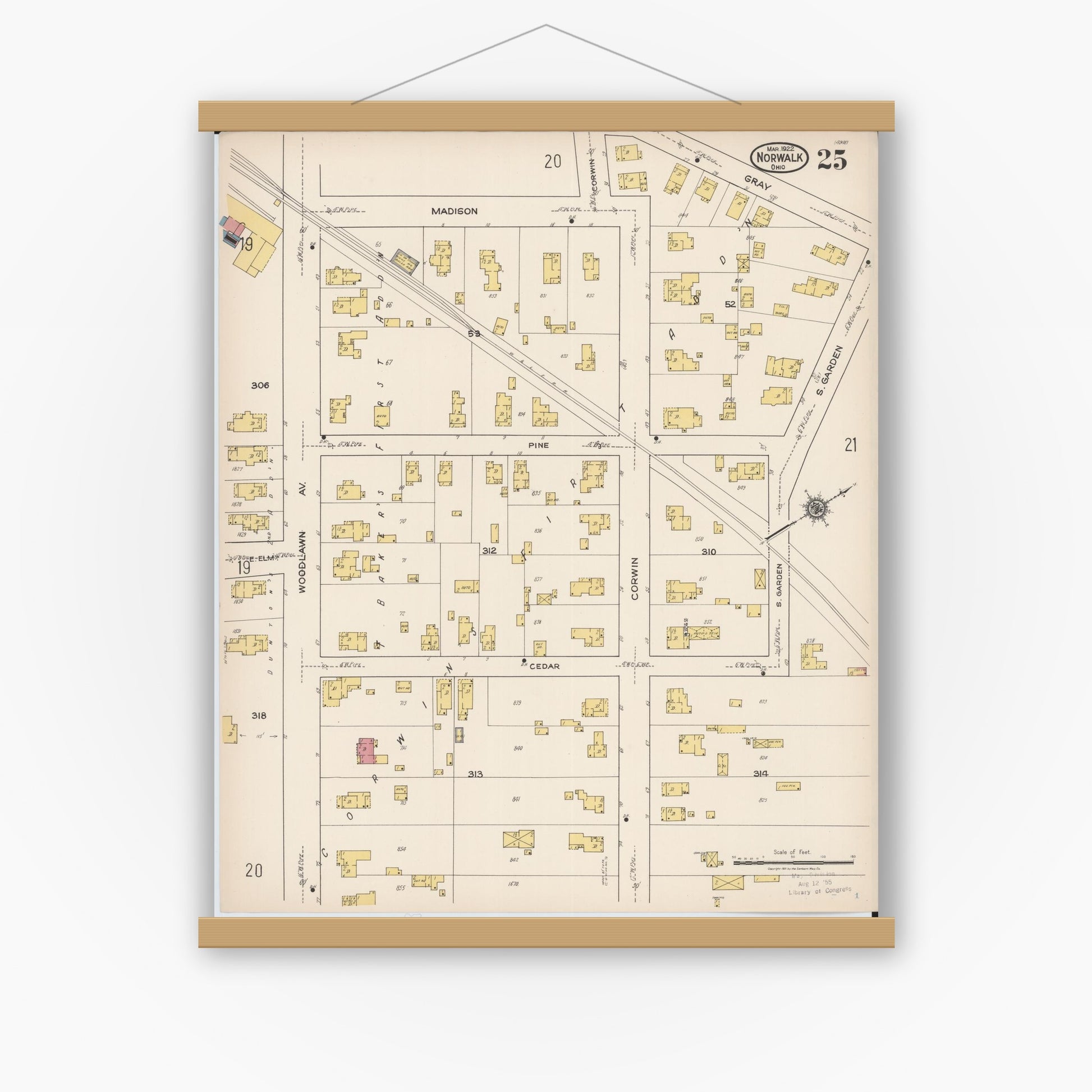 Old map wall art mockup — magnetic wood frame on white wall — Sanborn Fire Insurance Map from Norwalk, Huron County, Ohio (1922), Sheet #0025