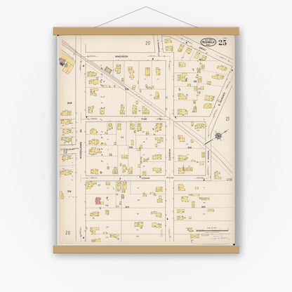 Old map wall art mockup — magnetic wood frame on white wall — Sanborn Fire Insurance Map from Norwalk, Huron County, Ohio (1922), Sheet #0025
