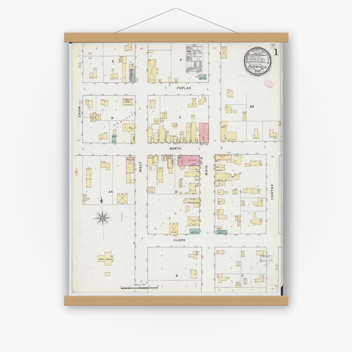 Old map wall art mockup — magnetic wood frame on white wall — Sanborn Fire Insurance Map from Plainfield, Waushara County, Wisconsin (1894), Sheet #0001