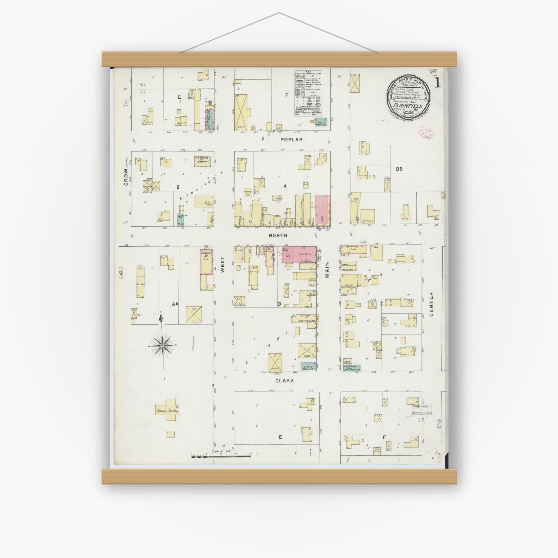Old map wall art mockup — magnetic wood frame on white wall — Sanborn Fire Insurance Map from Plainfield, Waushara County, Wisconsin (1894), Sheet #0001