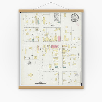 Old map wall art mockup — magnetic wood frame on white wall — Sanborn Fire Insurance Map from Plainfield, Waushara County, Wisconsin (1894), Sheet #0001