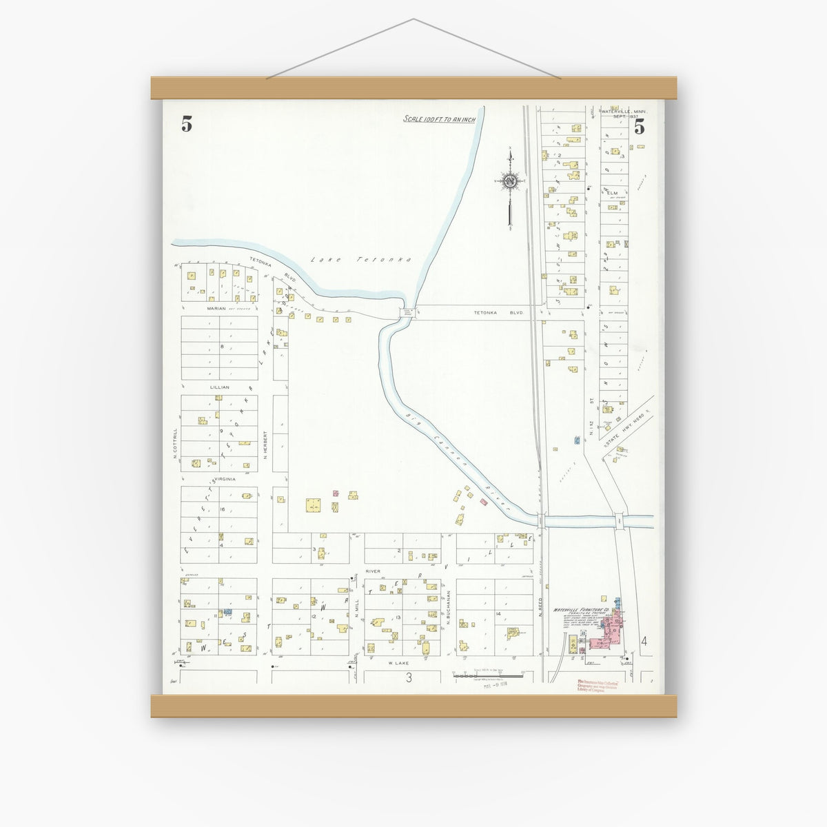Old map wall art mockup — magnetic wood frame on white wall — Sanborn Fire Insurance Map from Waterville, Le Sueur County, Minnesota (1937), Sheet #0005