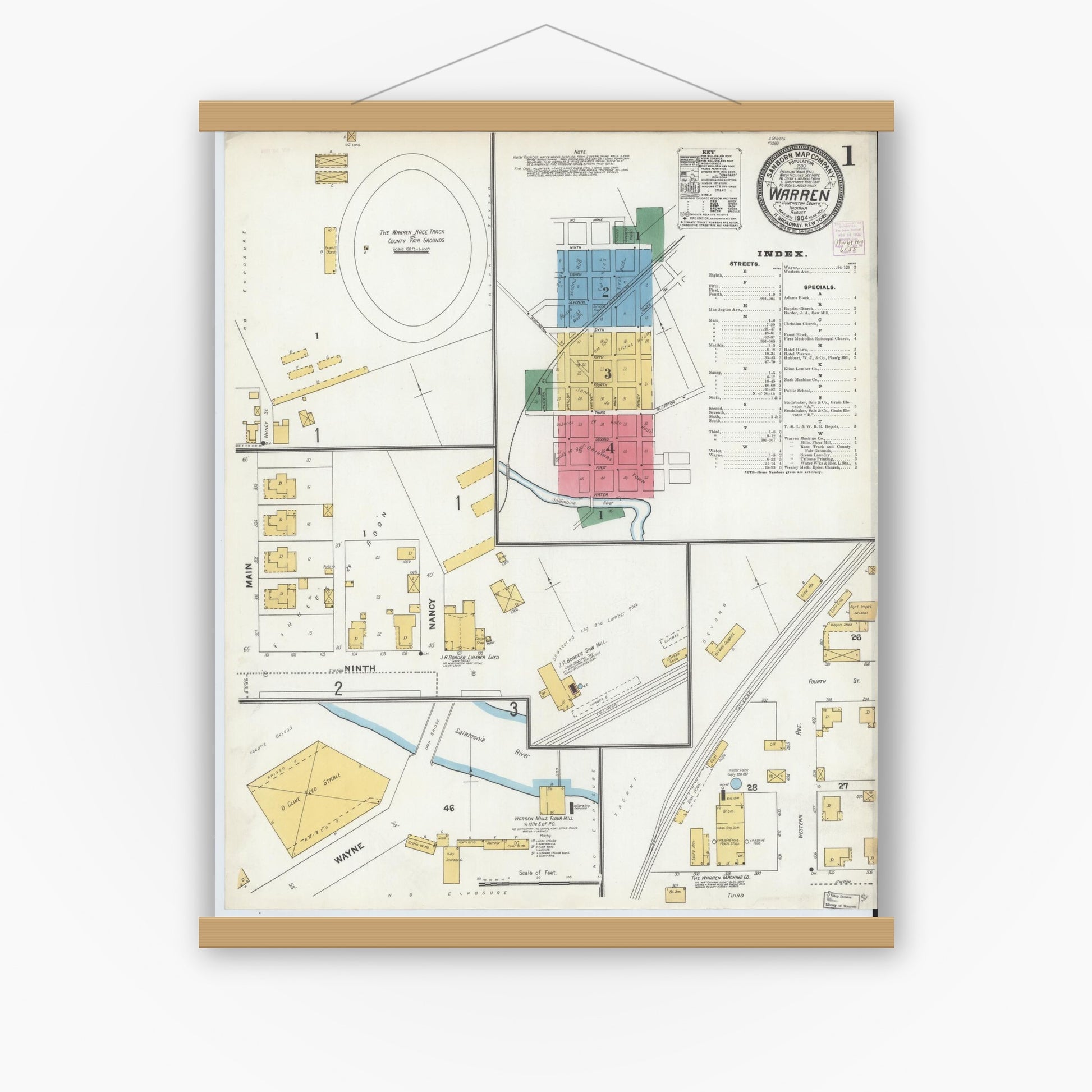 Old map wall art mockup — magnetic wood frame on white wall — Sanborn Fire Insurance Map from Warren, Huntington County, Indiana (1904) - Complete Map Set