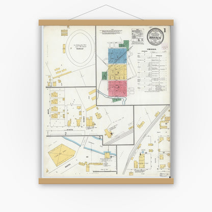 Old map wall art mockup — magnetic wood frame on white wall — Sanborn Fire Insurance Map from Warren, Huntington County, Indiana (1904) - Complete Map Set