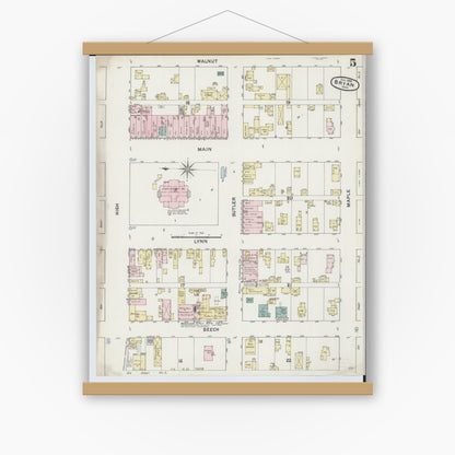 Old map wall art mockup — magnetic wood frame on white wall — Sanborn Fire Insurance Map from Bryan, Williams County, Ohio (1888), Sheet #0005