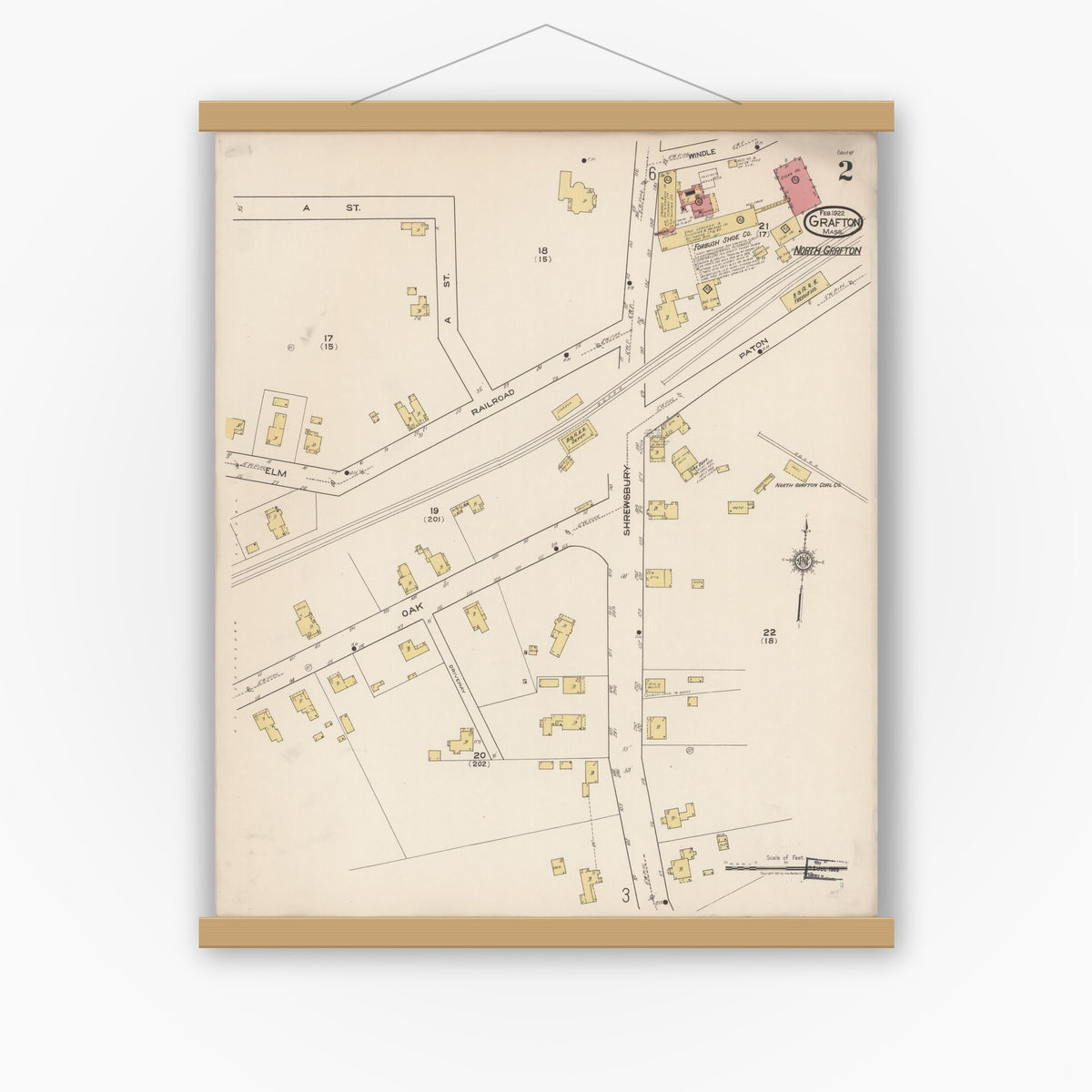 Old map wall art mockup — magnetic wood frame on white wall — Sanborn Fire Insurance Map from Grafton, Worcester County, Massachusetts (1922), Sheet #0002