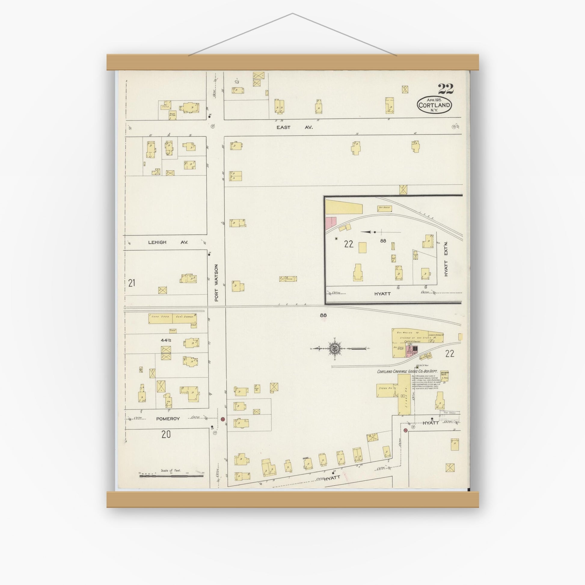 Old map wall art mockup — magnetic wood frame on white wall — Sanborn Fire Insurance Map from Cortland, Cortland County, New York (1915), Sheet #0022