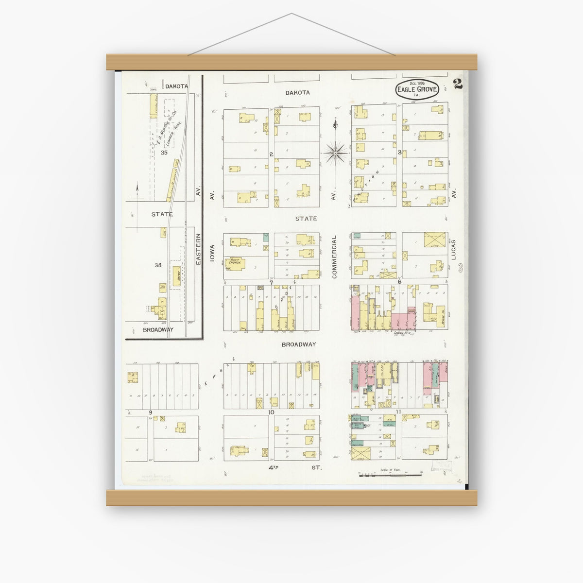 Old map wall art mockup — magnetic wood frame on white wall — Sanborn Fire Insurance Map from Eagle Grove, Wright County, Iowa (1893), Sheet #0002