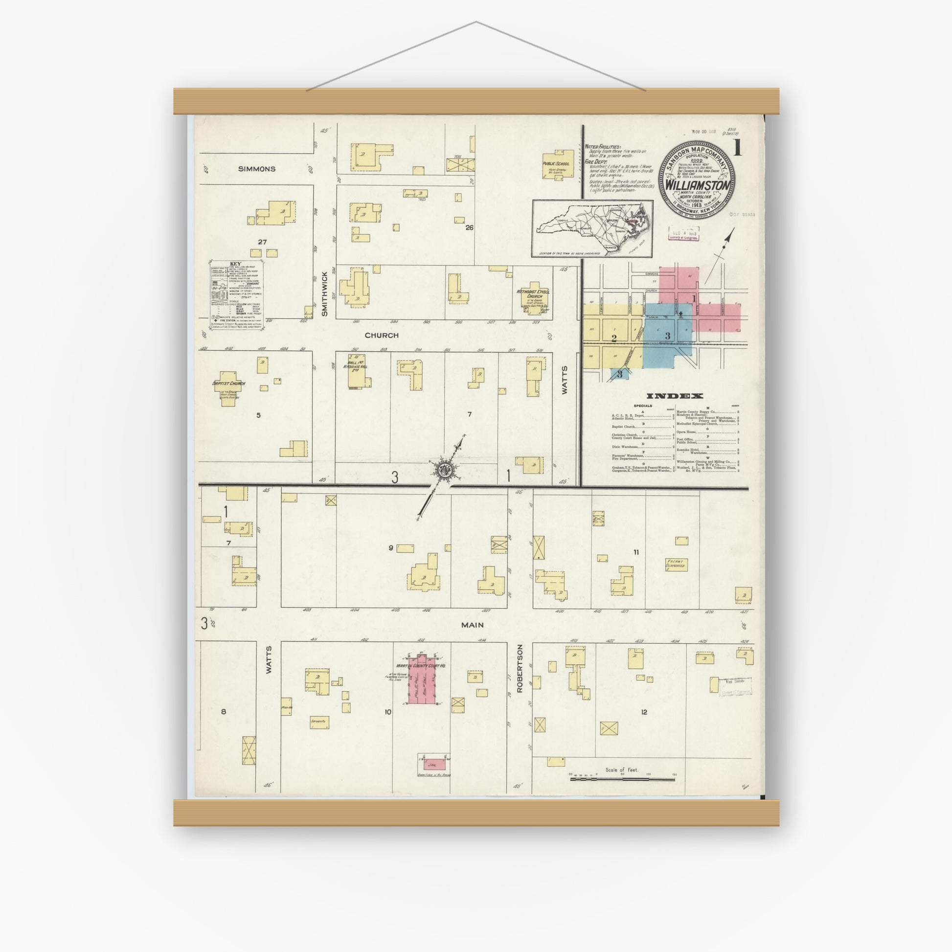 Old map wall art mockup — magnetic wood frame on white wall — Sanborn Fire Insurance Map from Williamston, Martin County, North Carolina (1913) - Complete Map Set