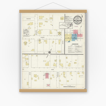Old map wall art mockup — magnetic wood frame on white wall — Sanborn Fire Insurance Map from Williamston, Martin County, North Carolina (1913) - Complete Map Set