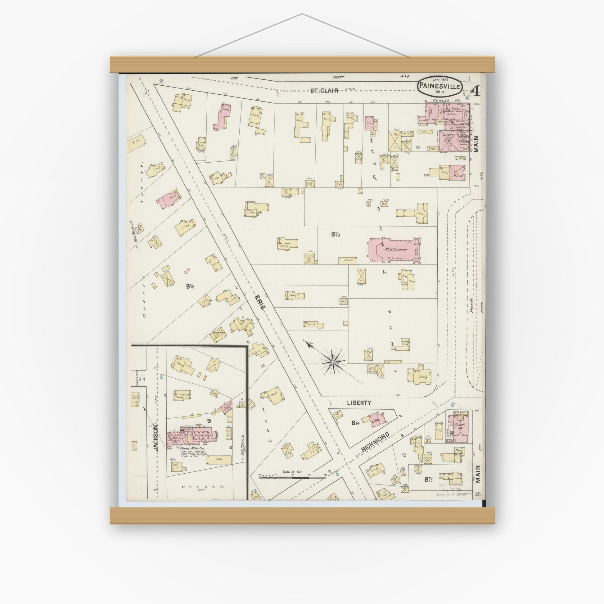 Old map wall art mockup — magnetic wood frame on white wall — Sanborn Fire Insurance Map from Painesville, Lake County, Ohio (1889), Sheet #0004