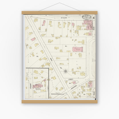 Old map wall art mockup — magnetic wood frame on white wall — Sanborn Fire Insurance Map from Painesville, Lake County, Ohio (1889), Sheet #0004