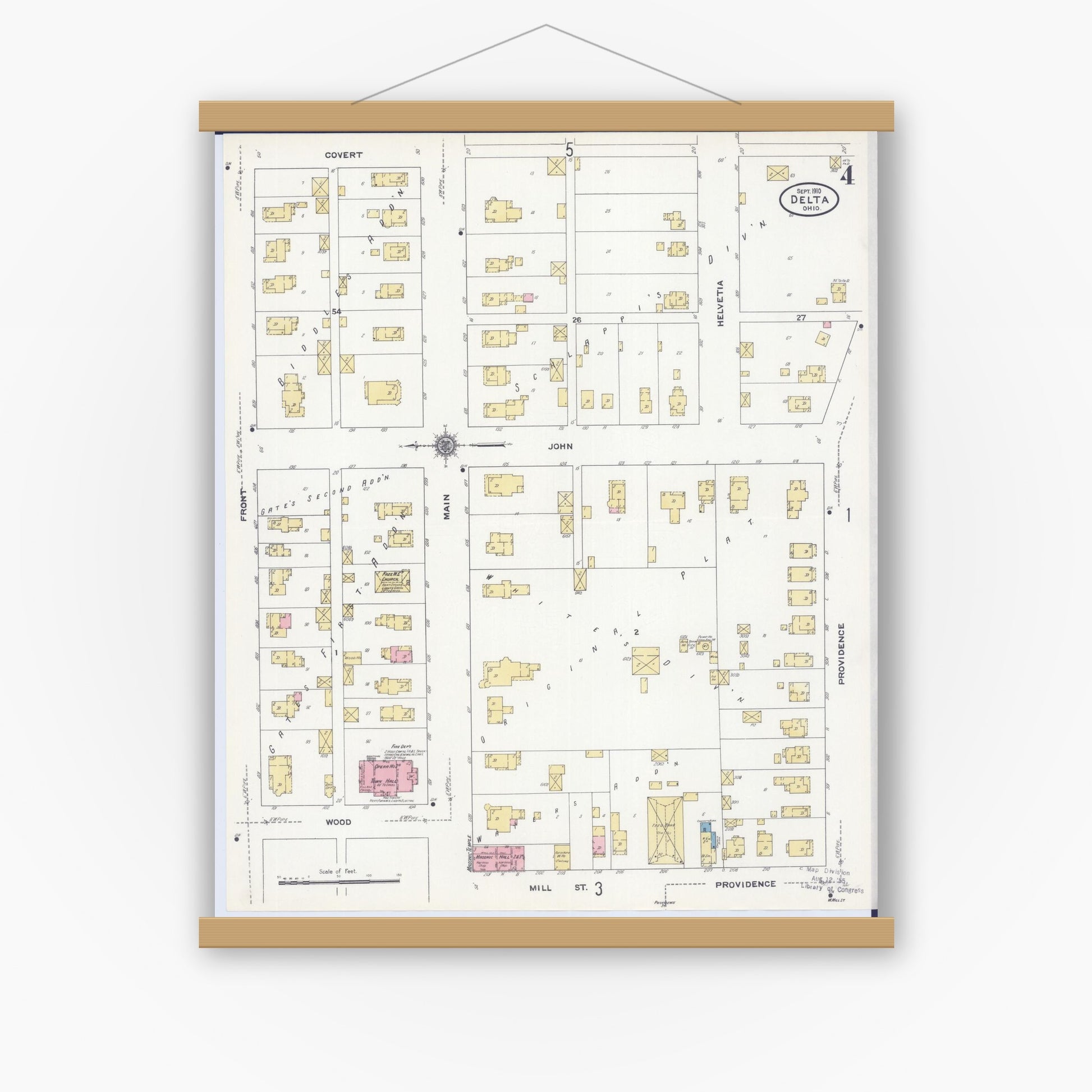 Old map wall art mockup — magnetic wood frame on white wall — Sanborn Fire Insurance Map from Delta, Fulton County, Ohio (1910), Sheet #0004