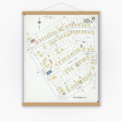 Old map wall art mockup — magnetic wood frame on white wall — Sanborn Fire Insurance Map from Pontiac, Oakland County, Michigan (1919), Sheet #0029
