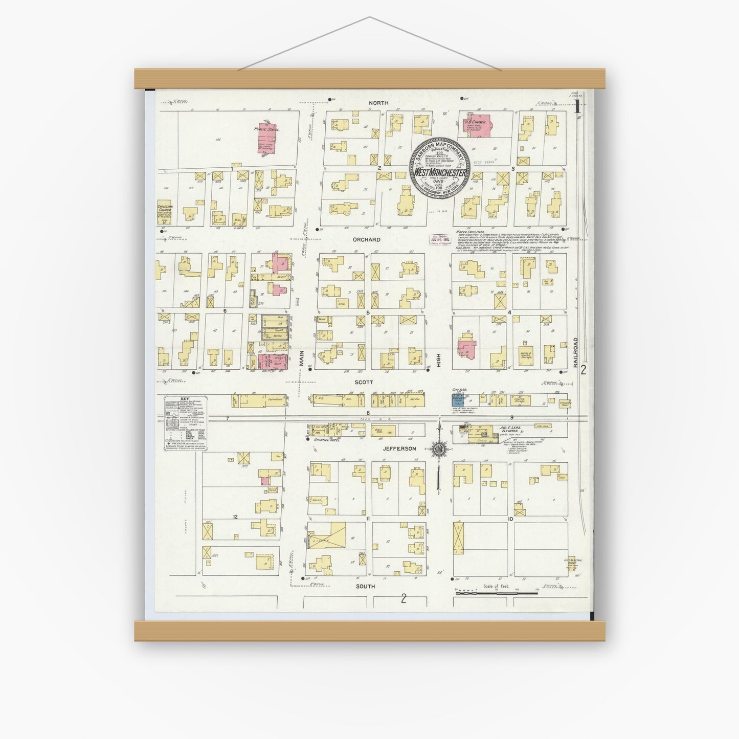 Old map wall art mockup — magnetic wood frame on white wall — Sanborn Fire Insurance Map from West Manchester, Preble County, Ohio (1911), Sheet #0001