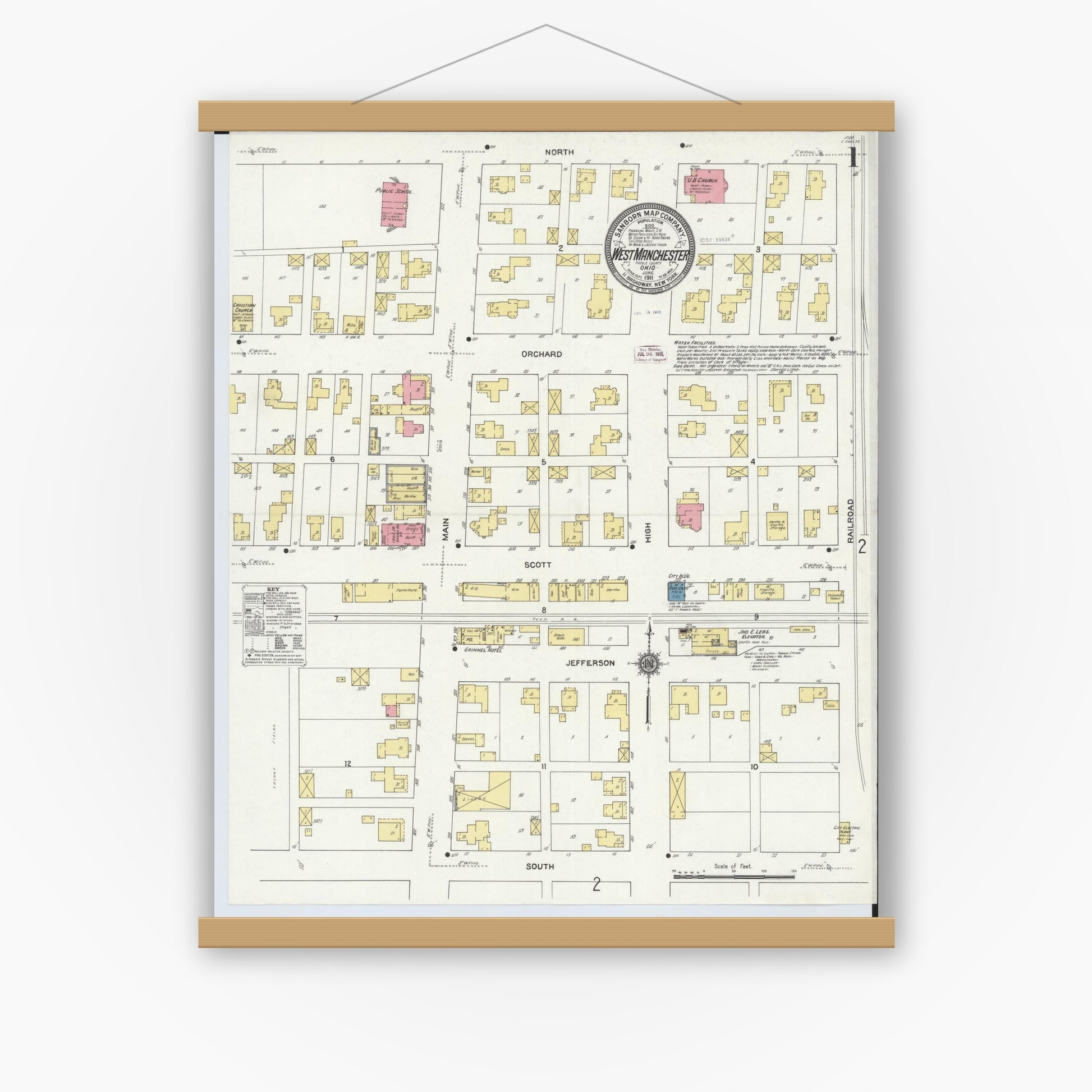 Old map wall art mockup — magnetic wood frame on white wall — Sanborn Fire Insurance Map from West Manchester, Preble County, Ohio (1911), Sheet #0001