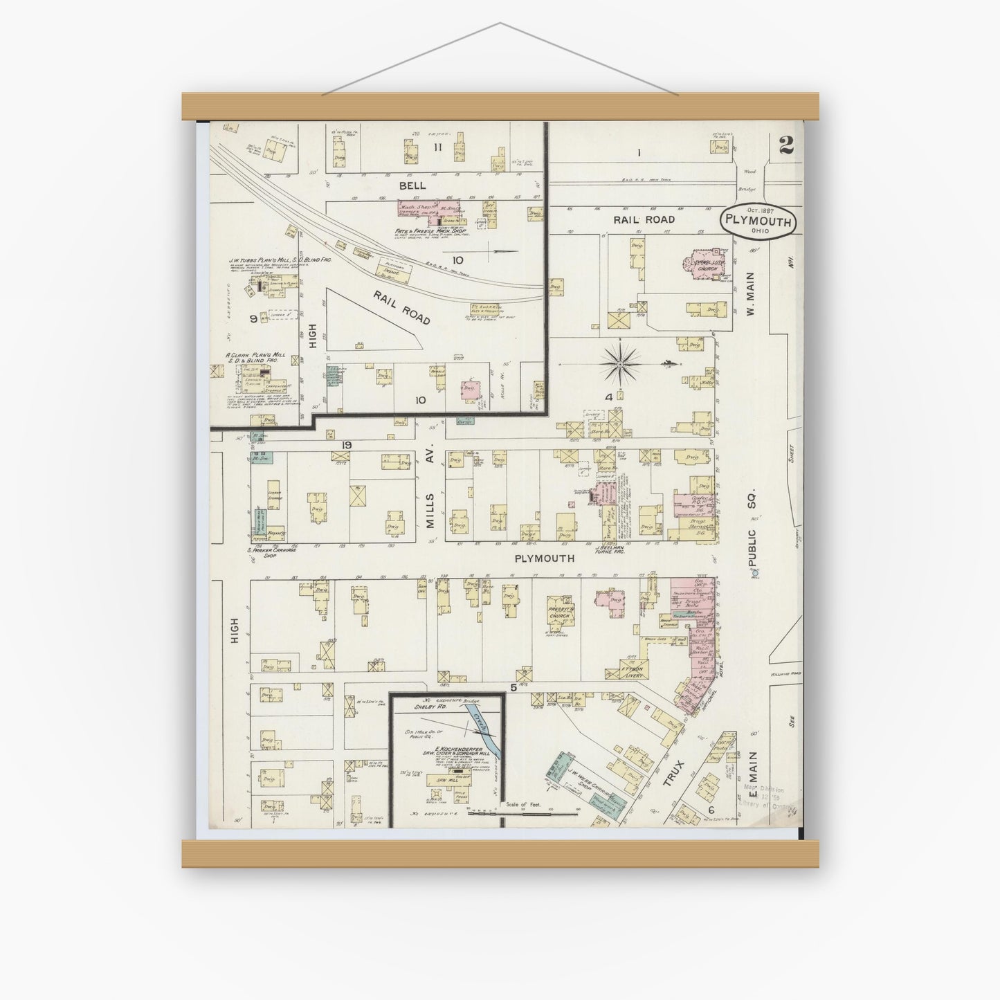 Old map wall art mockup — magnetic wood frame on white wall — Sanborn Fire Insurance Map from Plymouth, Huron And Richland Counties, Ohio (1887), Sheet #0002