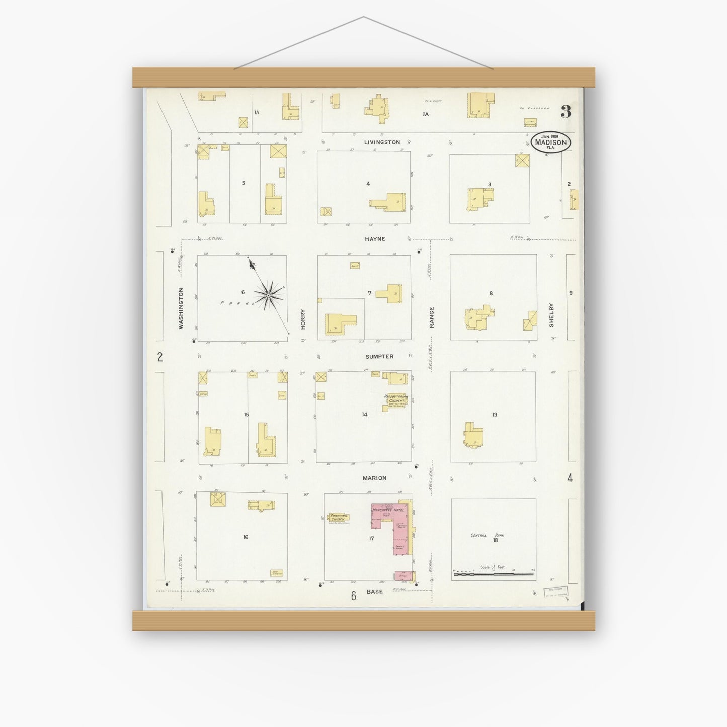 Old map wall art mockup — magnetic wood frame on white wall — Sanborn Fire Insurance Map from Madison, Madison County, Florida (1909), Sheet #0003
